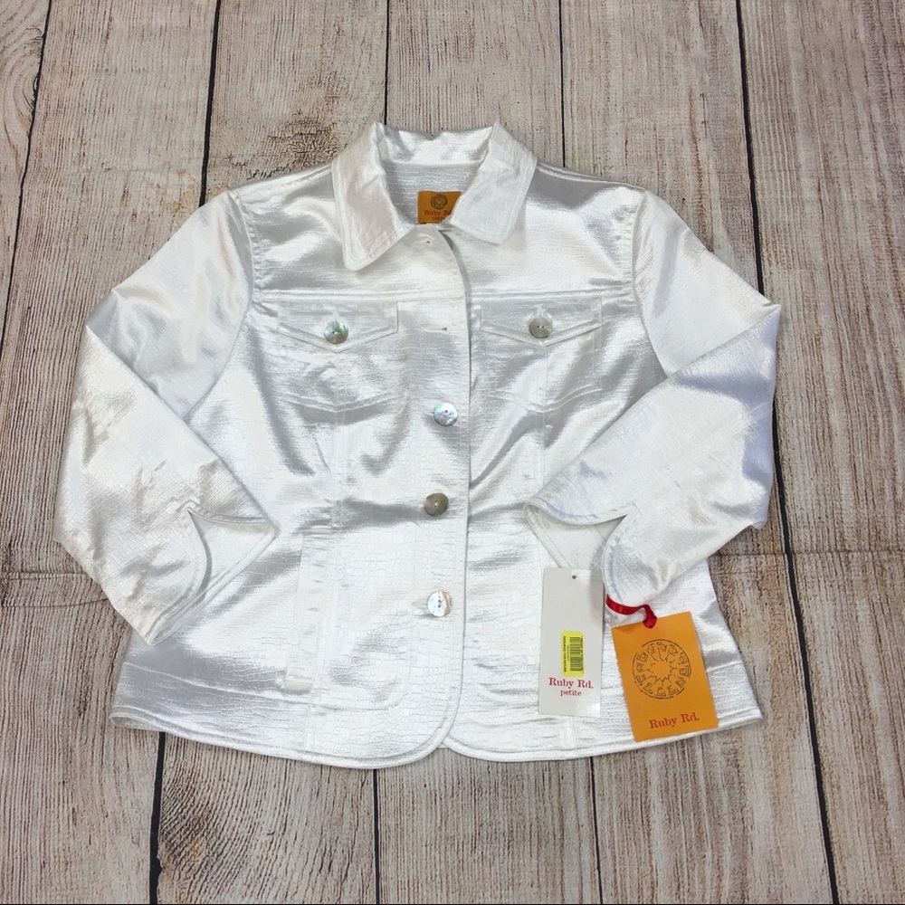 😍NWT Metallic White Button up Front Collared Jacket Size 8 Petite